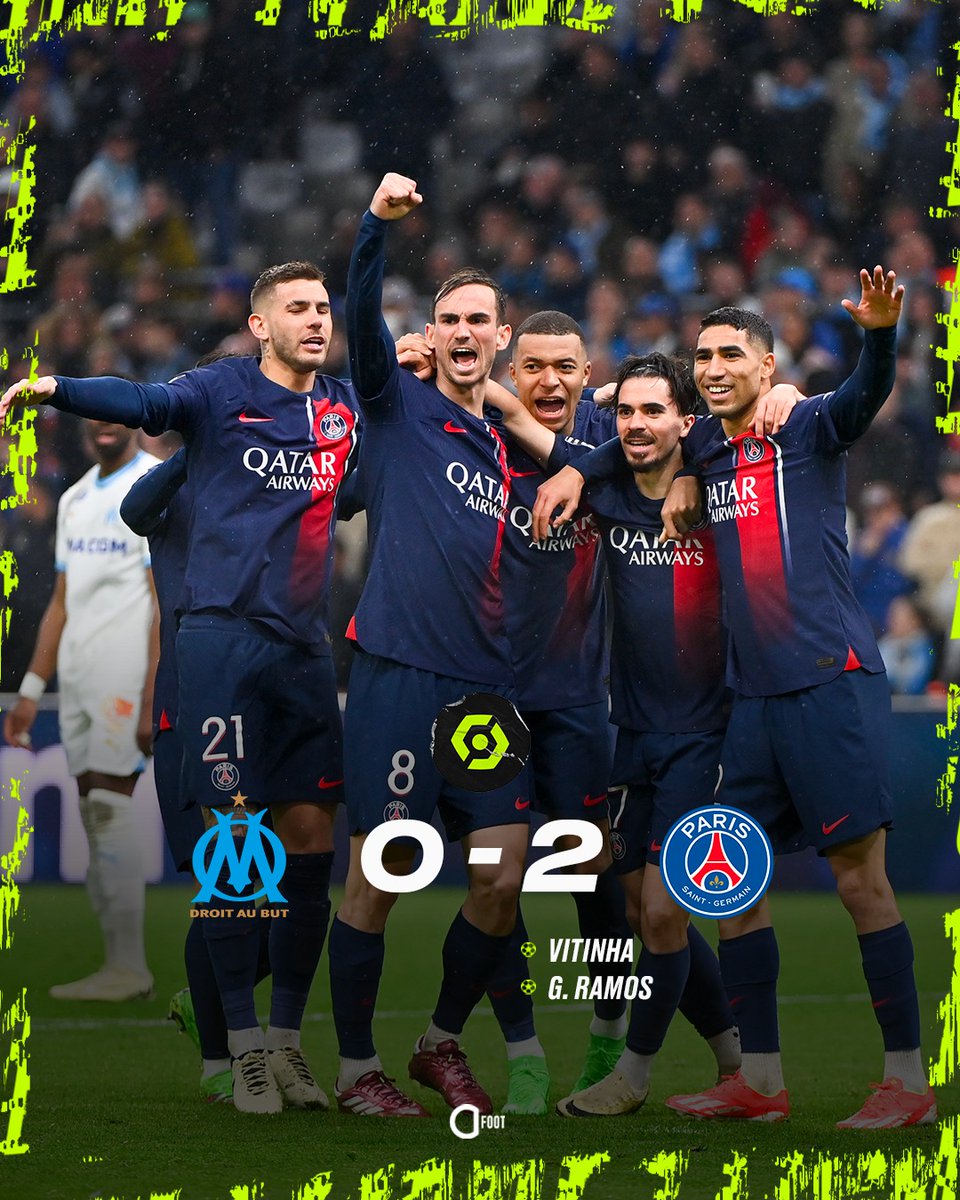 🚨 LE PARIS SAINT-GERMAIN REMPORTE LE CLASSIQUE ! 🔴🔵⚔️

En infériorité numérique, les Parisiens s'imposent 2 buts à 0 au Vélodrome grâce à des buts signés Vitinha et Gonçalo Ramos. 

La dernière victoire marseillaise à domicile face à Paris en Ligue 1 remonte à 2011. 😨
