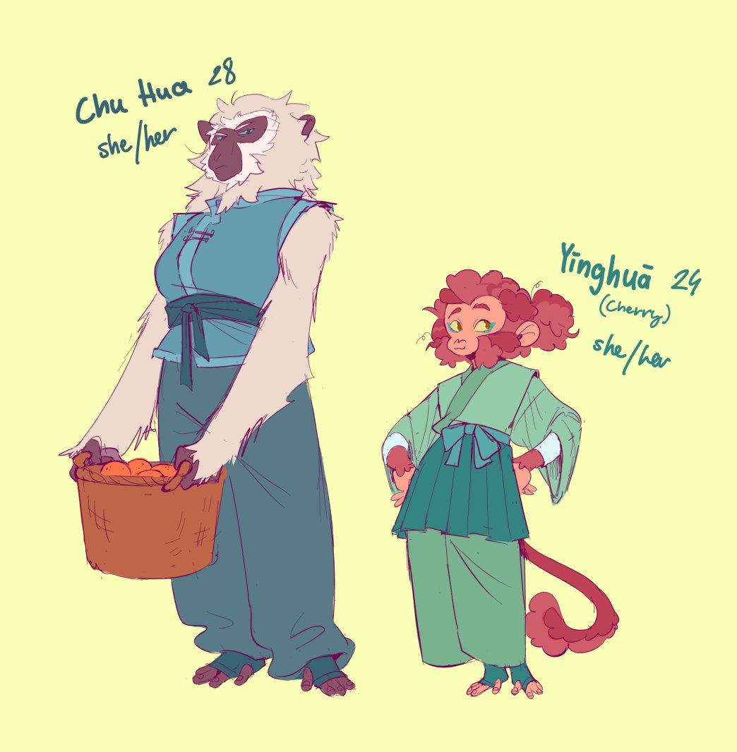 I think I like to make either really short or really tall characters (NO IN-BETWEENS) Anyways, the lovely ladies live on Flower Fruit Mountain, they're Sun Wukongs subjects, mostly working in the orchards, they have a sister dinamic going on 
#lmkoc