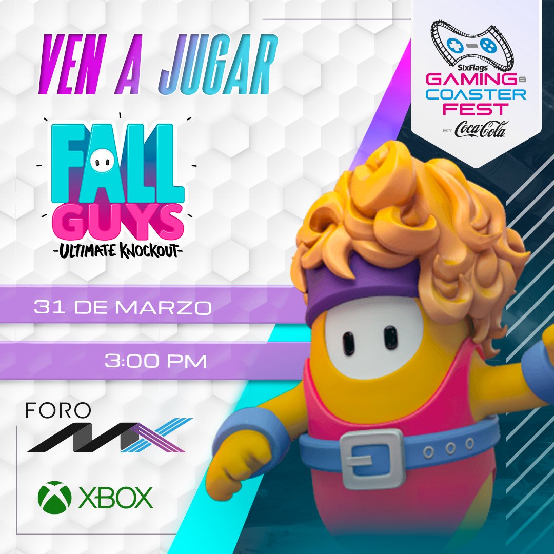 ESixGamingMX's tweet photo. Ven y participa jugando #fallguys en el #foromx para poder ganar sorpresas del #gamingandcoasterfest en @SixFlagsMexico ¡Estamos a nada de iniciar! No te lo pierdas🏃🏃♀️ https://t.co/B2CUh0Rcne