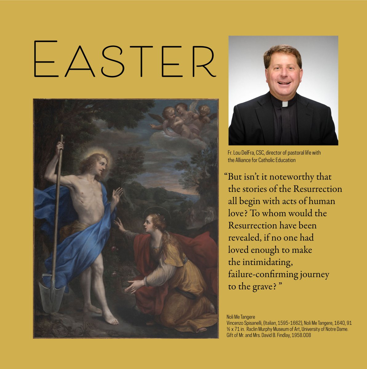 Alleluia! And happy Easter. We extend our sincere gratitude to our partners at the @RaclinMurphyMuseum for their dedication to this series. Fr. Lou DelFra, CSC, director of pastoral life, reflects on Noli Me Tangere by Vincenzo Spisanelli. ace.nd.edu/resources/lent…