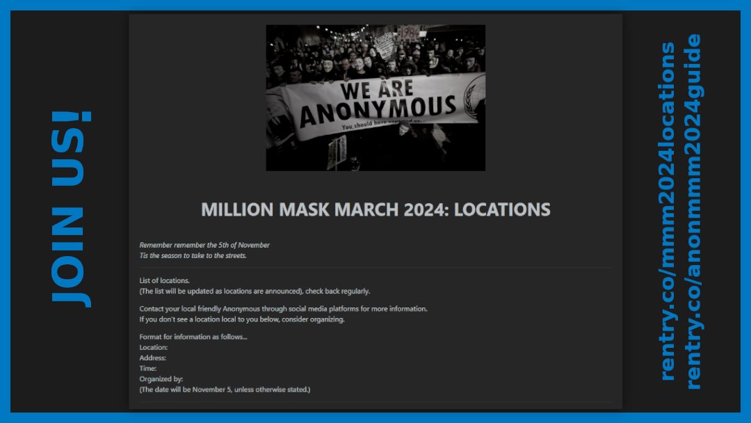 Time to start organizing a march for this year's MMM
If you need help we'll give you help and we'll promote the march
No matter how big or small we count you all.
#Anonymous 
#OpVendetta 
#MMM2024 
#millionmaskmarch
#millionmaskmarch2024