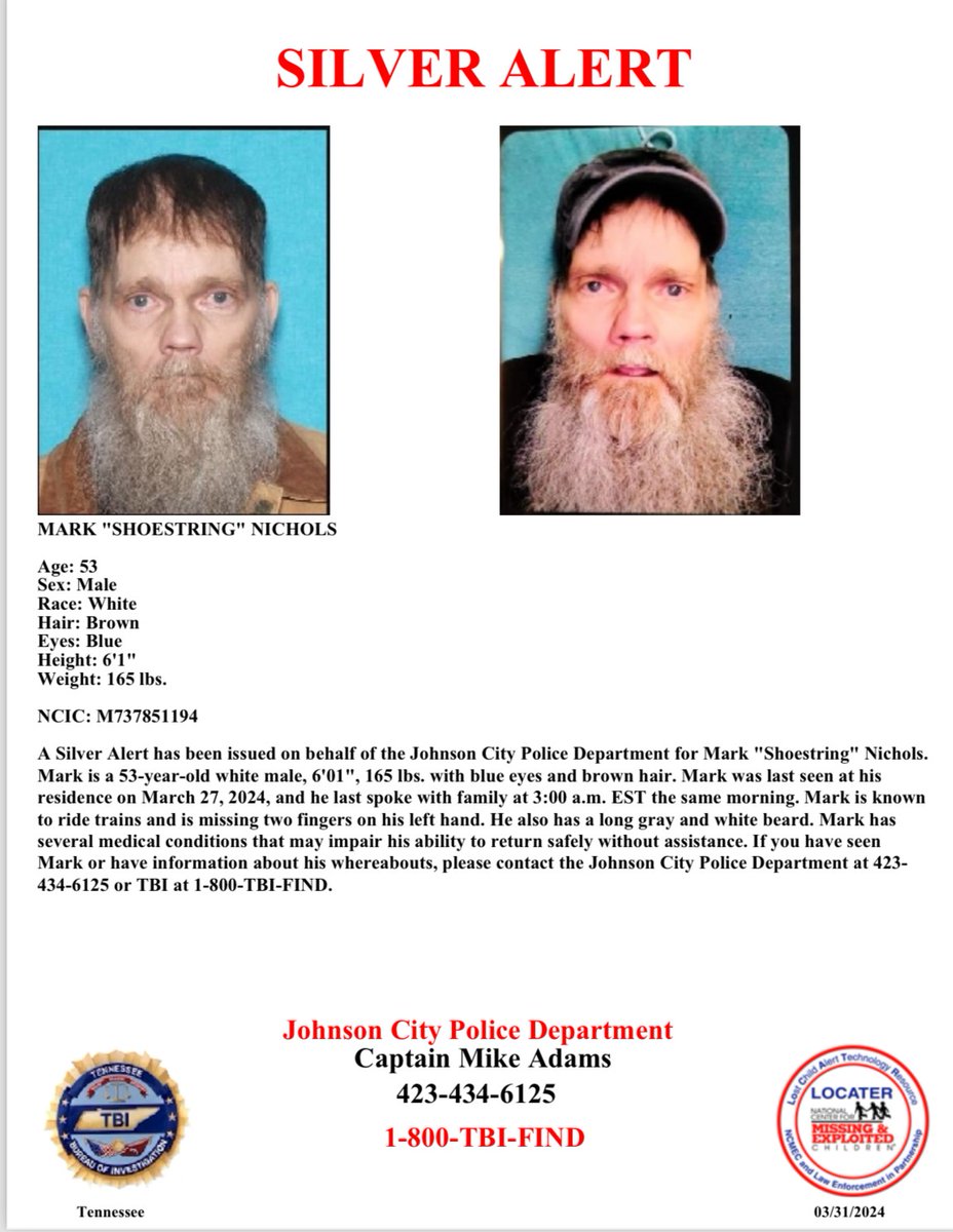 TBInvestigation's tweet photo. MORE: Mark “Shoestring” Nichols has several medical conditions that may impair his ability to return safely without assistance.

He has a long gray and white beard and is missing two fingers on his left hand. He is also known to ride trains.

Call 1-800-TBI-FIND with information. https://t.co/NW1XmUANLJ