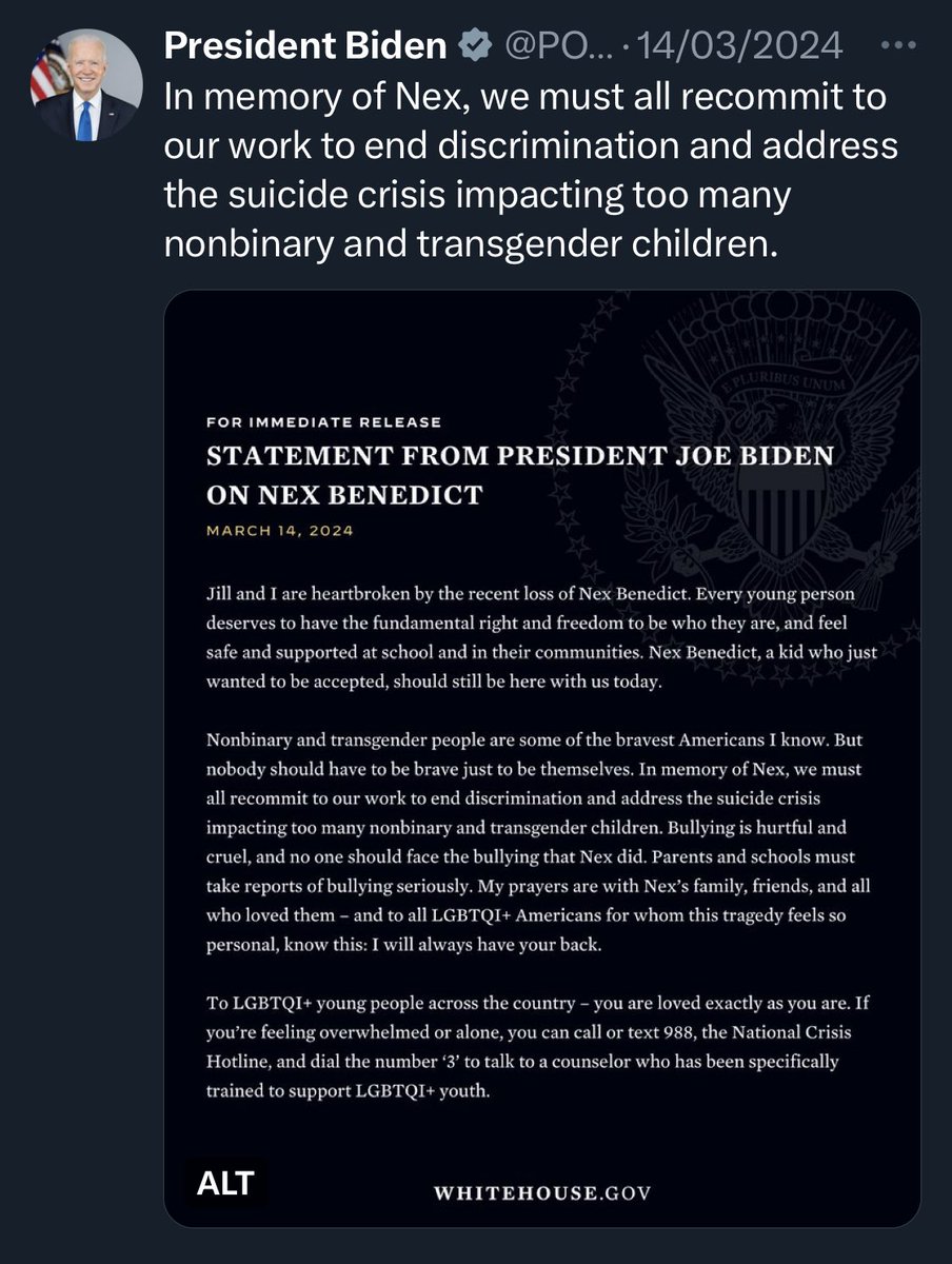 marscurio_'s tweet photo. saying this while doing nothing about anti-trans bills and hatred pushed nationwide, the deadliest year ever for american trans folks being his first year in office (2021), even spinning nex benedict’s murder as a “suicide crisis” … https://t.co/ybutnyWi9U