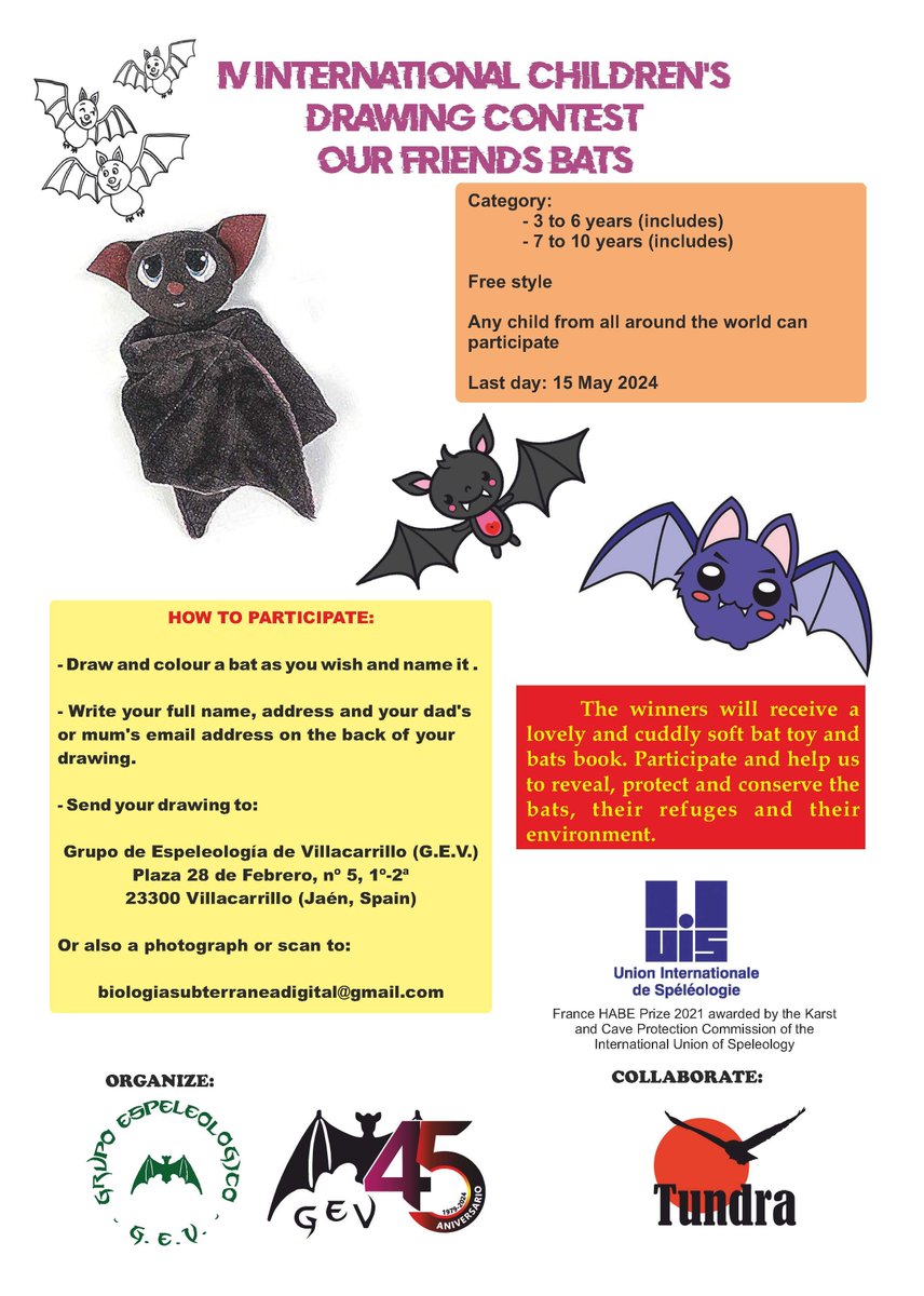 ***International Children's Drawing Contest: 'Our friends, bats'*** ➡️2 categories: 3-6y-old and 7-10y-old kids. 📒Free style 🌍 Open to any child from all around the world! 🪖Organised by @gevillacarrillo :) 🦇🌌 murcielagosamigos.blogspot.com/2024/03/iv-con… @BatConIntl @_BCT_ @SECEMU_ #bats