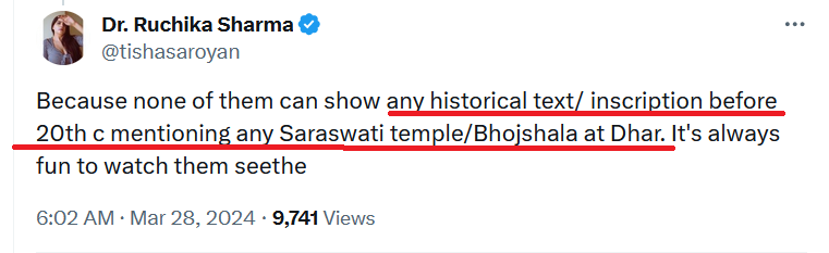 To summarize, there are many texts and inscriptions before 20th century which mention Sarasvati temple as well as Bhoja's school in Dhar. Thus, this claim is demonstrably wrong
