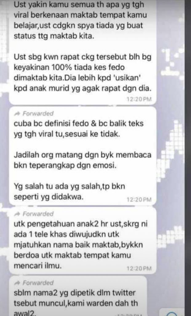 marinaristan's tweet photo. Did this “meeting besar2” which the teacher CS attended, take place AFTER YBM @FadhlinaSiddiq’s announcement of suspension?

So the teacher who sent gaslight msg is Ustaz Rosli?

@AzalinaOthmanS drove SOAC Act 2017. Now we see it work. Or not.

#MRSMTumpat 
#AltText #TeksAlt https://t.co/HhNLfwoGFr