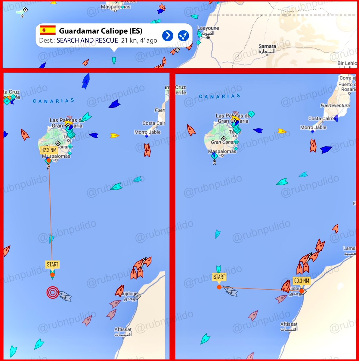 rubnpulido's tweet photo. 🔴 #ÚLTIMAHORA || Salvamento Marítimo se desplaza más de 150 kilómetros hacia el sur de Gran Canaria para asistir a un cayuco que, según mis fuentes, se encuentra a casi 170 km.

📍 El cayuco en cuestión se encuentra a poco más de 100 kilómetros de #Bojador (Sáhara O.), área en la que en otras ocasiones han actuado los buques de la Marina Real de #Marruecos [https://t.co/Z4IHUCyVlD].