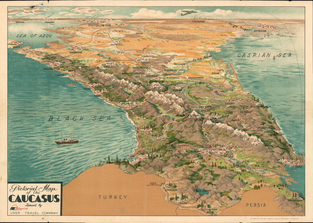 A pictorial map of the Caucasus for tourists. Published by the official tourism agency of the Soviet Union, targeting English-speaking countries | c. 1930