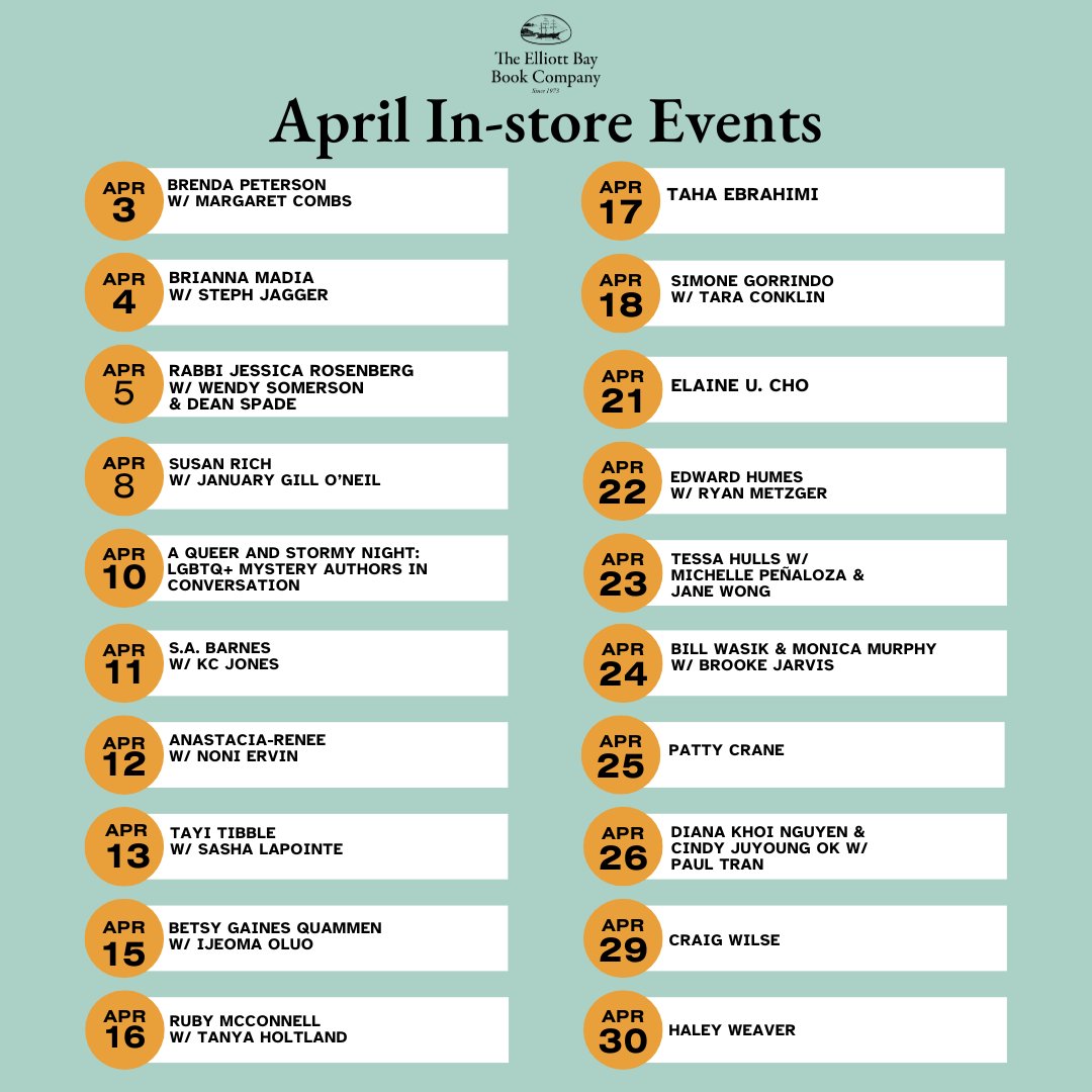 ElliottBayBooks's tweet photo. Check out all the events coming to the store this April!
Whether you're wanting to meet your favorite author or are wanting to find something different to do, our events are a great way to do both.
#EBBCOevents #authorreading #seattleactivities #indiebookstore https://t.co/b1nk5BN2IN