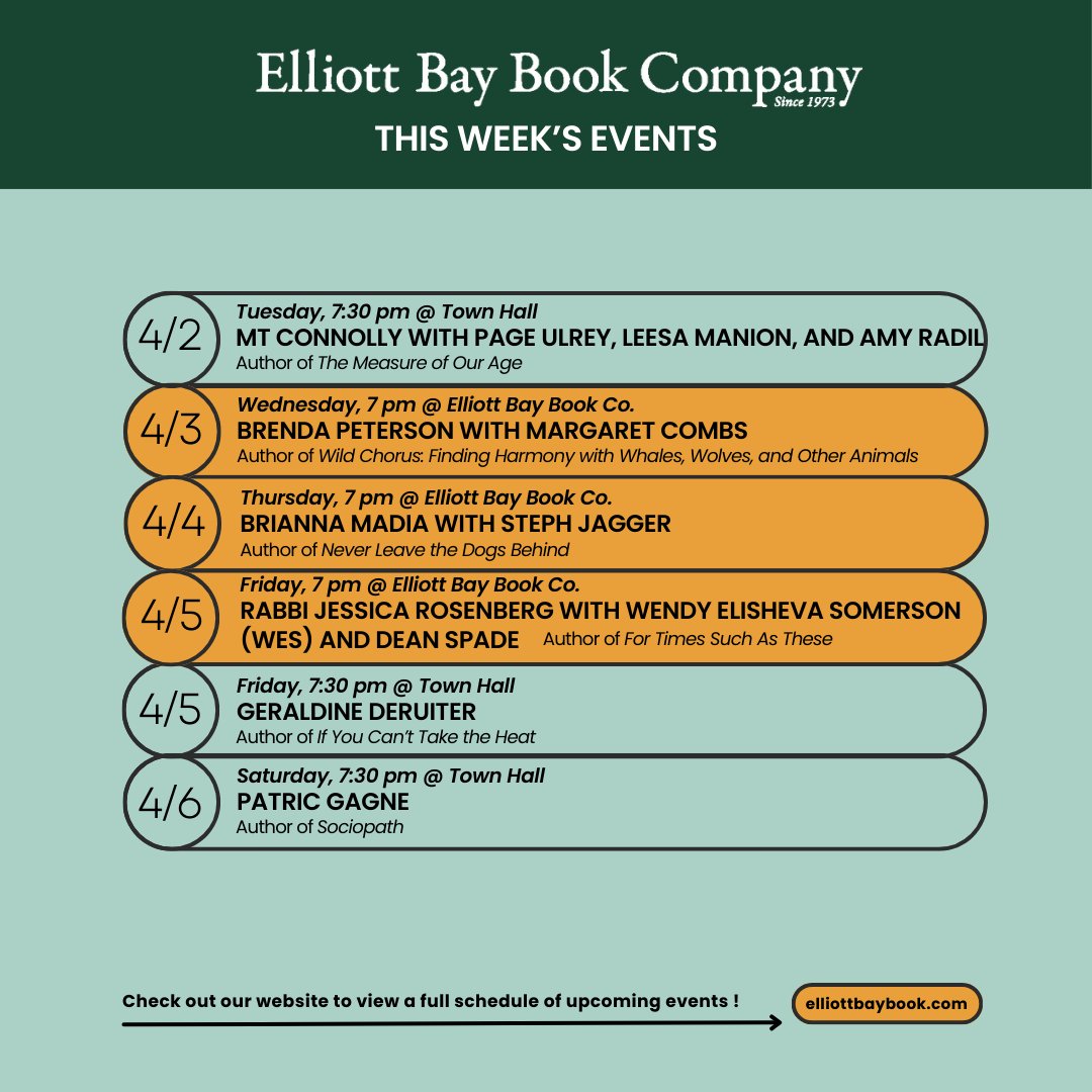 ElliottBayBooks's tweet photo. Check out all the events coming to the store this April!
Whether you're wanting to meet your favorite author or are wanting to find something different to do, our events are a great way to do both.
#EBBCOevents #authorreading #seattleactivities #indiebookstore https://t.co/b1nk5BN2IN