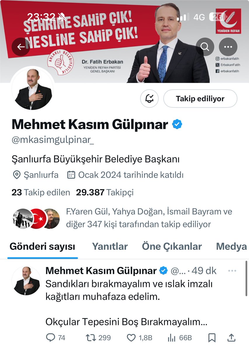 Yeniden Refah Partisi Şanlıurfa Büyükşehir Belediye Başkan Adayı Mehmet Kasım Gülpınar
Twitter hesabında Şanlıurfa Büyükşehir Belediye Başkanı olarak biosunu güncelledi.