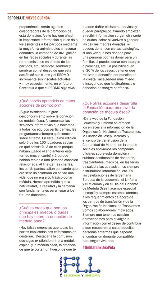 Entrevista a @NievesCuenca Coordinadora de la @fleucemiaylinfo publicada en la revista REDMO @fcarreras fcarreras.org/documentacion-… #UnMatchxUnaVida #leucemia #linfoma #mieloma #trasplantedemédula #donavida #investigación #apoyosocial #donamédula #unidos