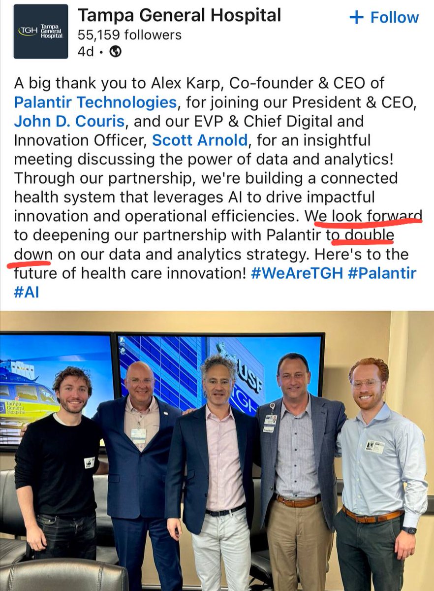 $PLTR x Tampa Hospital: new deal soon? 'We look forward to deepening our partnership with @PalantirTech to double down on our data and analytics strategy.' Karpetto strikes.