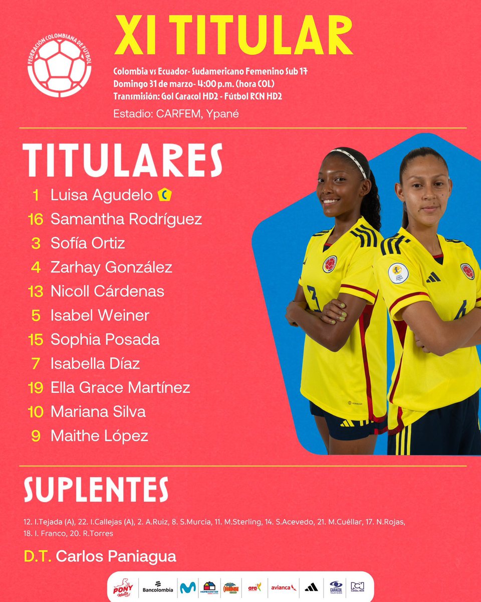 🏆🇨🇴| POR EL CUPO MUNDIALISTA
Así forma la Selección Colombia (@FCFSeleccionCol) en la Fase Final CONMEBOL Femenino Sub 17 🆚 Selección Ecuador (@LaTri) 🇪🇨

#Sub17Fem
#DestinoDeportivo