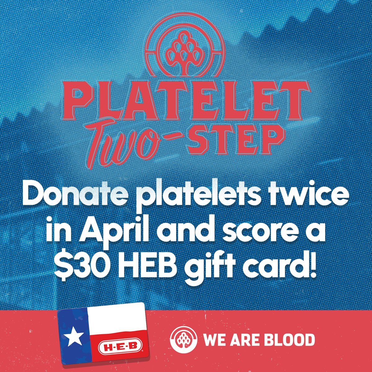 Donate platelets twice in April and score a $30 @HEB gift card! Your donations are vital for Central Texas patients. Roll up a sleeve and book your appointments today at weareblood.org/donor! 💪 #WeAreBlood #PlateletDonorsNeeded #PlateletDonor