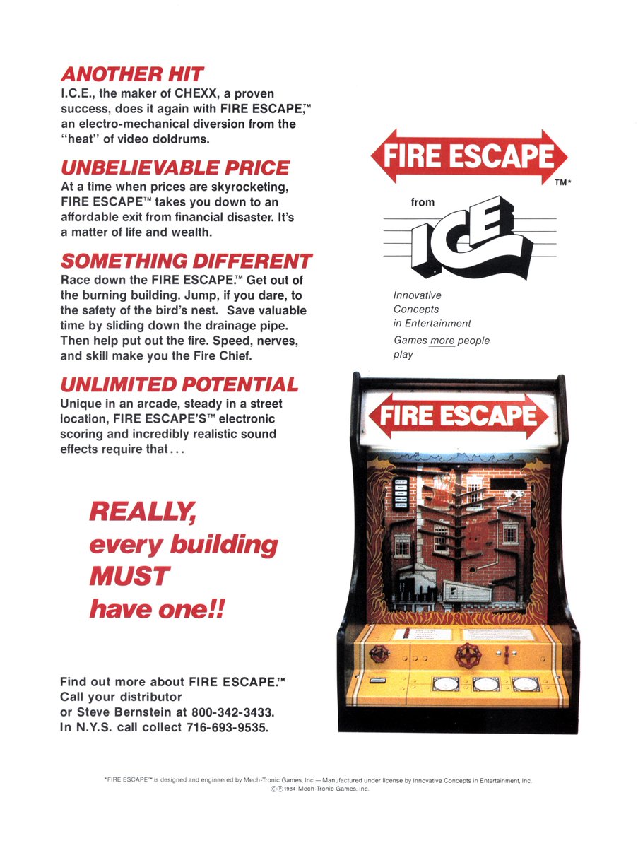 ICE's rare electro-mechanical arcade game Fire Escape was showcased in this 1984 U.S. arcade operator magazine ad. [Ad scan via the VGHF Library.]