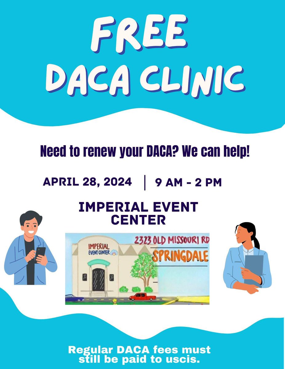 Need help renewing your DACA? We'll be hosting our latest FREE DACA Clinic on April 28th at the Imperial Event Center in Springdale!

You can sign up to be on our list of people needing assistance here: docs.google.com/forms/d/e/1FAI…