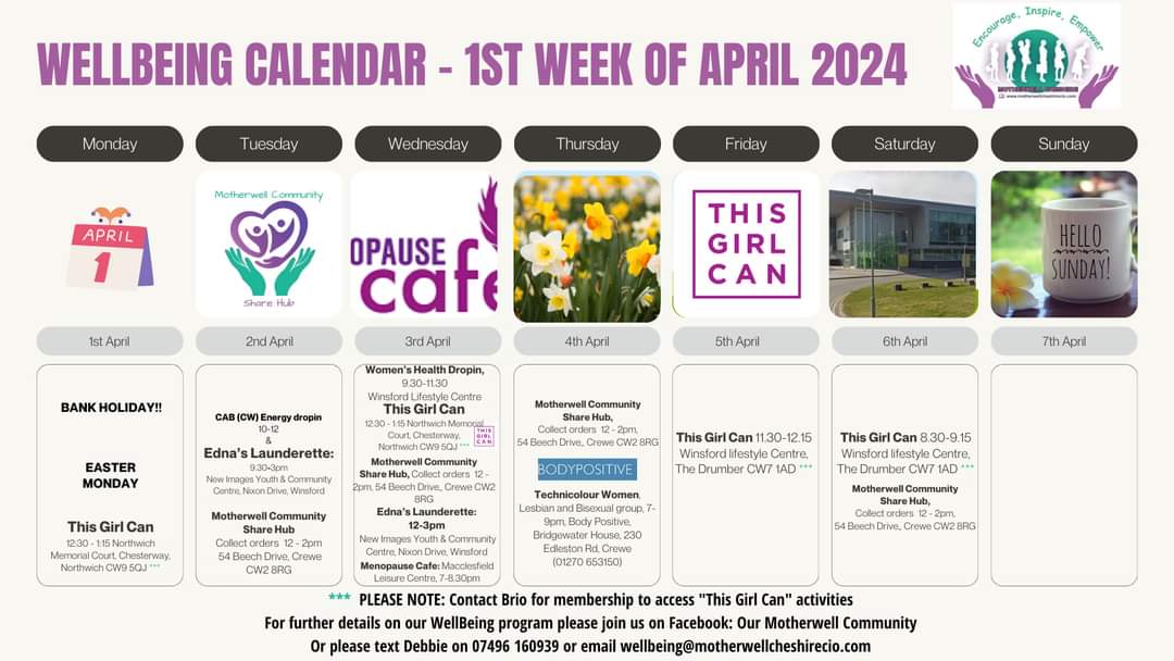 Our week ahead.. #ThisGirlCanClasses #MenopauseCafe #communitylaundrette #communitysharehub #womensupportingwomen #womensupportingfamilies