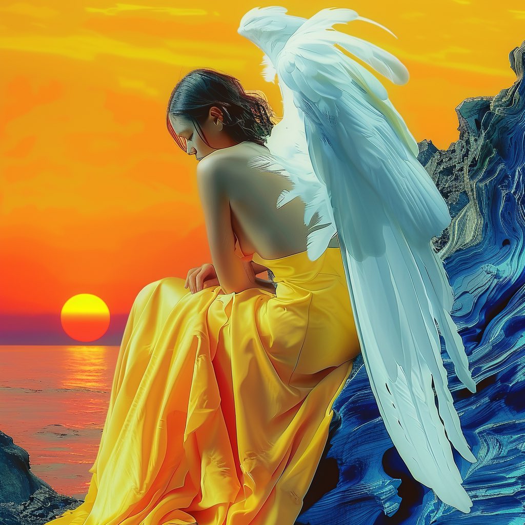 Nate_Midnite's tweet photo. Sunrise with an Angel

 #midjourney #aiart #guardian #angel #lonelinesss #peace #sunrise https://t.co/oQnclguicP
