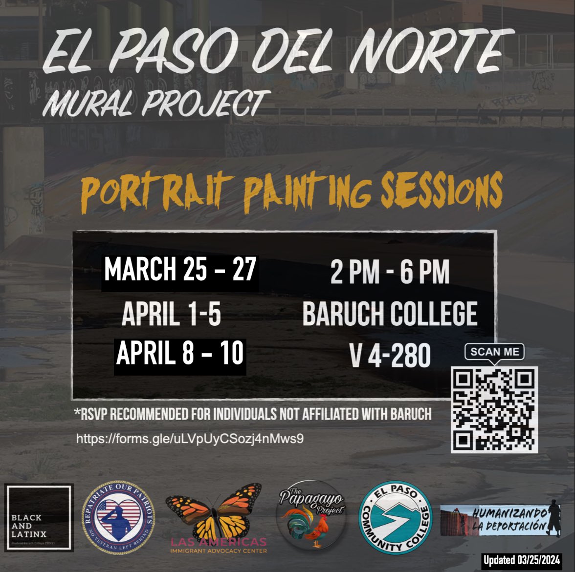 Our painting sessions for the El Paso del Norte continue this Monday - Friday from 2-6pm at Baruch College. This Wednesday we will be joined by Jean Dorsainvil, storyteller for the mural project. RSVP needed for folks not affiliated with CUNY. docs.google.com/forms/d/e/1FAI…