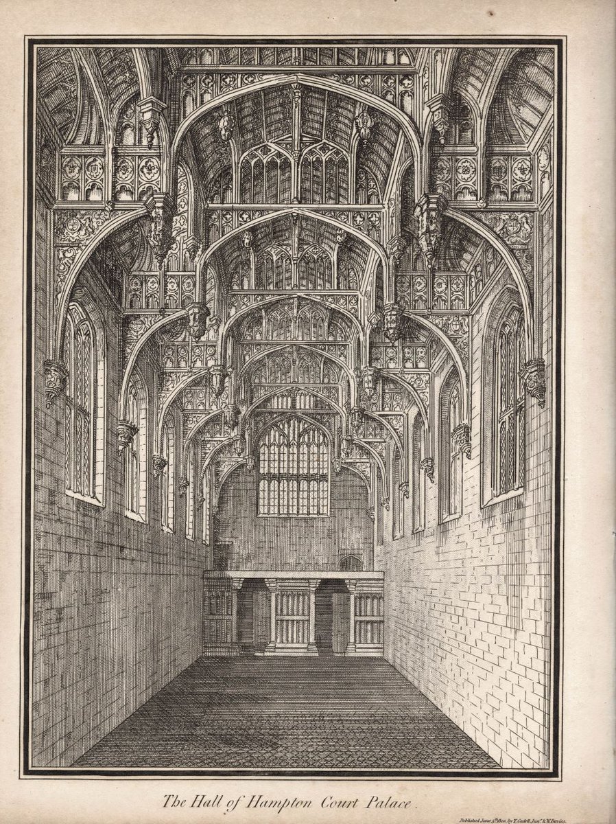 Hall of #hamptoncourtpalace from the #antiqueprints collection of #frontispiece of #canarywharf. mapsandantiqueprints.com/products/hall-… #history #medieval #middleages #craftsmanship