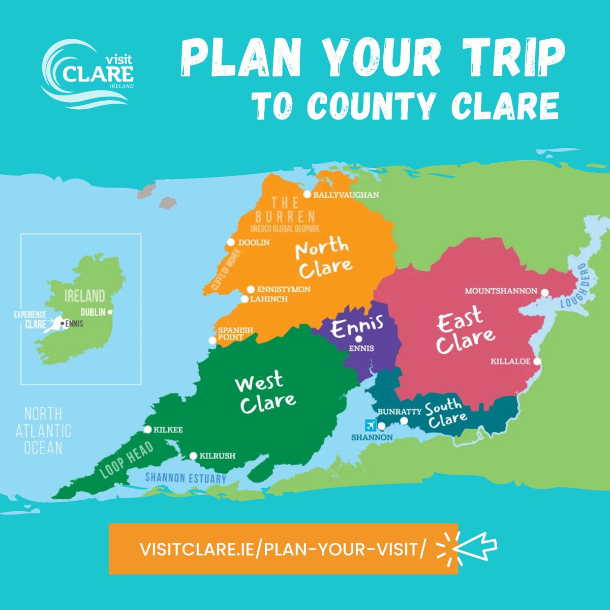 Have you planned your next trip to County Clare? 💛💙 In an area less than 2-hours drive from end-to-end, it offers so much scope for enjoyment and fun. Go to visitclare.ie/plan-your-visi… for general advice and tips to help you plan your visit. We look forward to welcoming you!