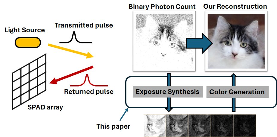 📢New paper to appear @CVPR 2024 Generative Quanta Color Imaging We show how to turn a binary photon count image into a color image. - Synthesize exposure via neural ODE - Synthesize color arxiv.org/abs/2403.19066 @Qi_Guo_Vision
