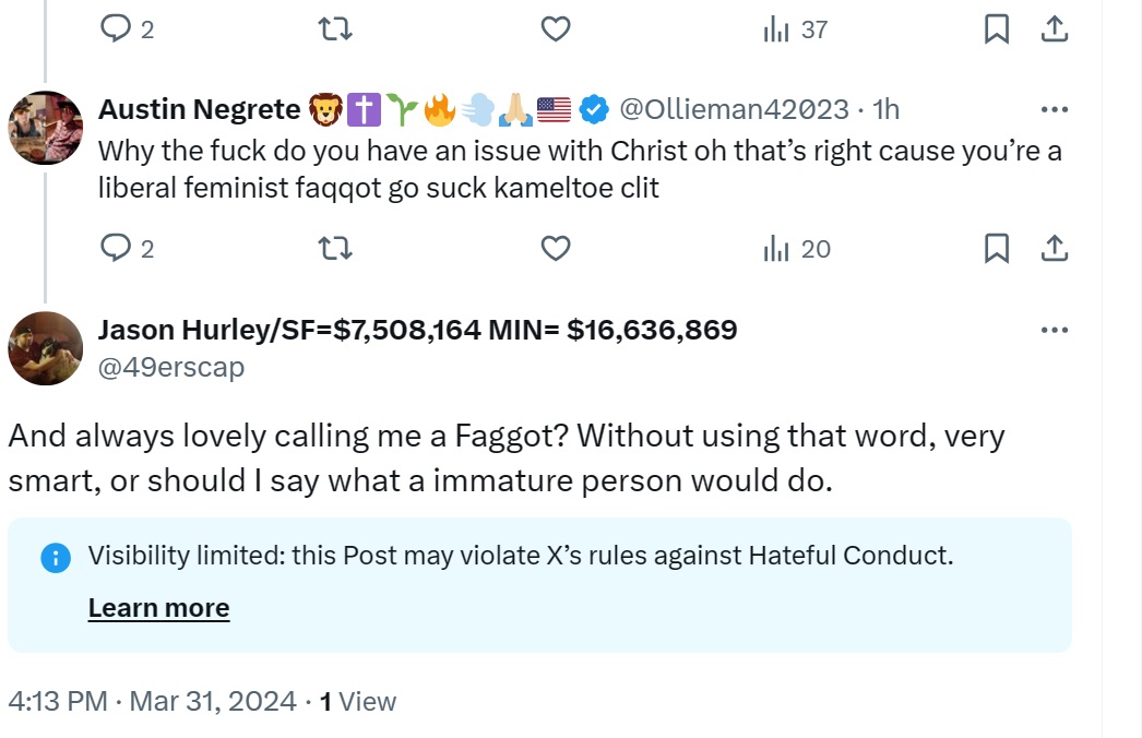 Hey @elonmusk @X & @Support how do I get with visibility limited, when the guy I replied to was calling me the word I used but wouldn't say it the way it's spelled? WTF kind of shit show is this platform becoming?