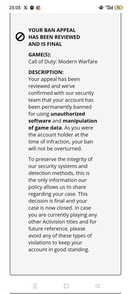 <a href="/CallofDuty/">Call of Duty</a> I wanna play but 

you have decided to ban me without a good reason I have been playing every call of duty on the xbox for 17 years it is a shame how you treat normal players and the cheaters can roam freely around the game.
#Shame #CallofDutyModernWarfare3
#cod #callofduty