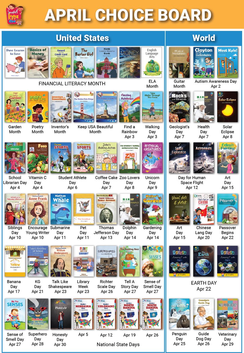 April is #AutismAwareness Month, #FinancialLiteracy Month, #EnglishLanguage Arts Month, and #poetry Month. Our Choice Board presents April reading choices. Get kids to #ReadMoreIn2024 with our 'JUST RIGHT' reading & learning apps for young children. #edtech #mobileapps #kids