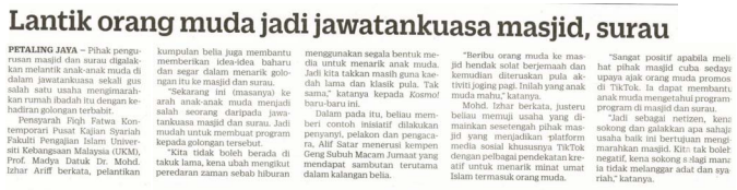 KERATAN AKHBAR UNIVERSITI KEBANGSAAN MALAYSIA 31 MAC 2024 1. Lantik Orang Muda Jadi Jawatankuasa Masjid, Surau (Kosmo) #UKMDiMedia #UKMNewsClipping #UKMNews