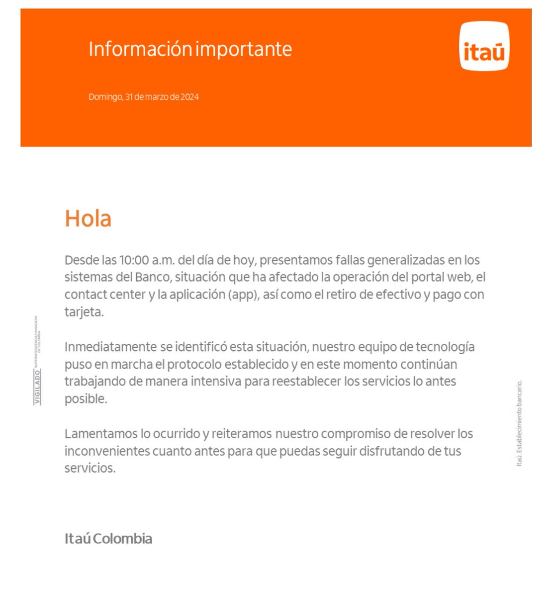 JulianaCadena's tweet photo. Los usuarios de @itaucol llevamos más de 8h sin poder utilizar nuestros productos. El sistema está completamente caído y no hay respuesta. Ni en cajeros ni establecimientos de comercio y tampoco banca virtual ¿Qué pasa? ¿Los hackearon? #ITAU #ITAUColCaído @SFCsupervisor https://t.co/YmgU0F8GBF