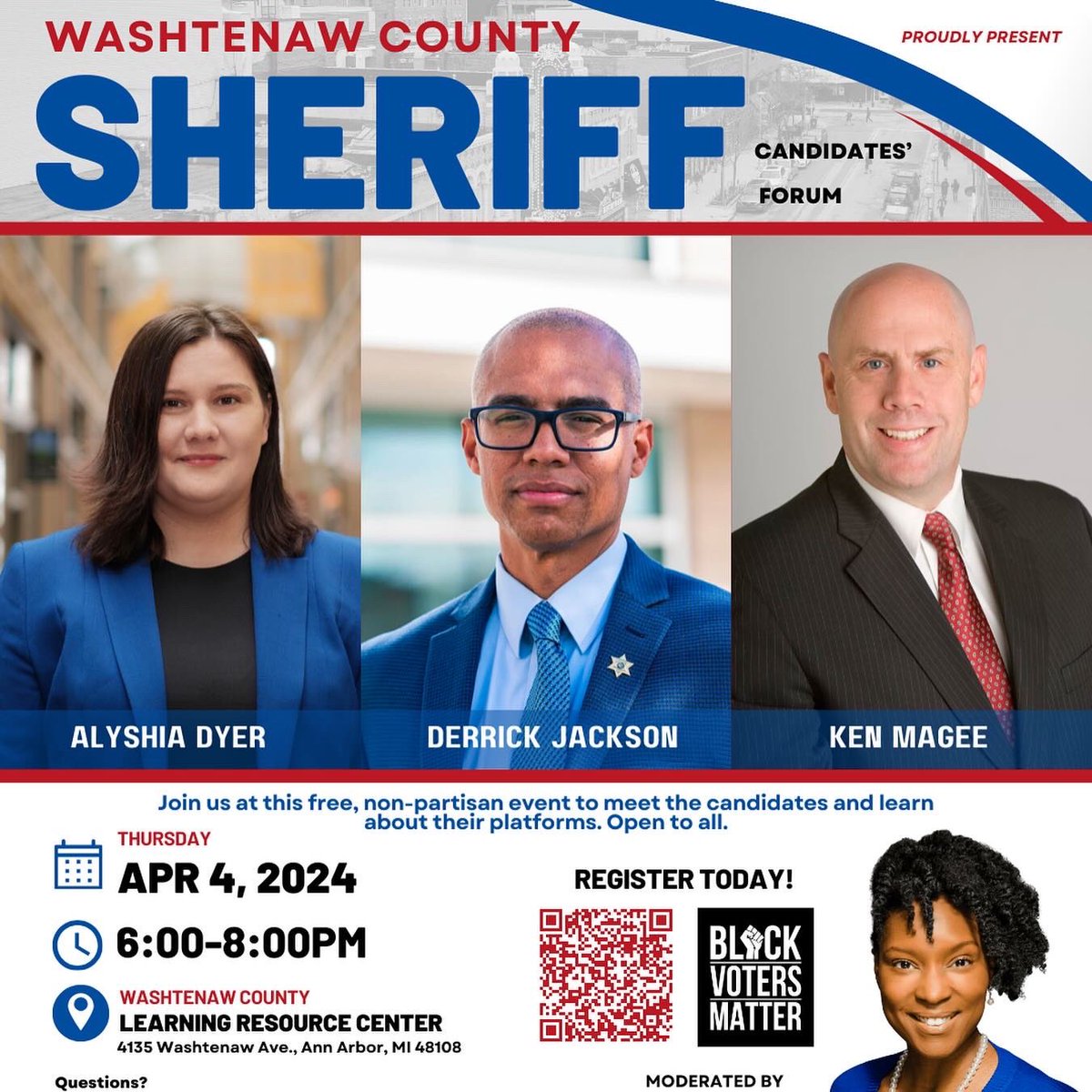 Derrick4Justice's tweet photo. Thrilled to announce 3 upcoming sheriff candidate forums! I want everyone to see so spread the word. Hosted by the Divine Nine &amp; Black Voters Matter on April 4th, the @WashtenawDems on April 6th, and @students4decarceration on April 8th. See you there!! #TeamJackson #DJ4⭐️ https://t.co/SBcViWPfeP