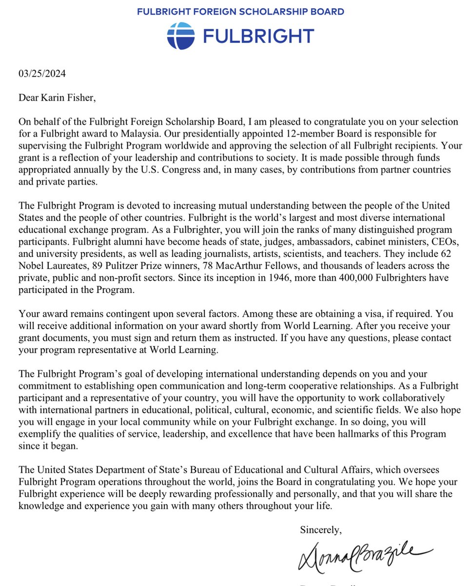 📚Thrilled to announce my acceptance of a Fulbright Award!🌟Looking forward to representing my academic field and country while collaborating with scholars worldwide. 🌏 <a href="/fulbrightboard/">The Fulbright Board</a> <a href="/WorldLearning/">World Learning</a> <a href="/GeorgiaSouthern/">GeorgiaSouthern</a> <a href="/GeoSouthernCOE/">Georgia Southern COE</a>
