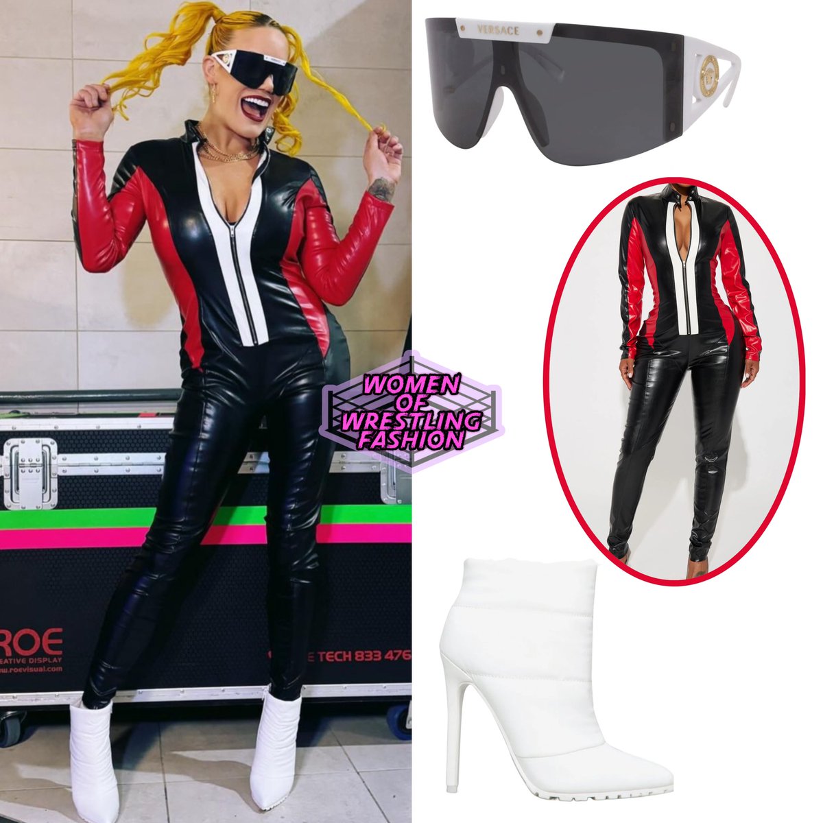 .@thetayavalkyrie wears the VE4393 Shade Sunglasses in White from @Versace (n/a), Moto Mami Faux Leather Jumpsuit from @FashionNova ($43.99 - on sale) & Kyli Puffer Bootie from @ShoeDazzle ($62.95 - sold out)