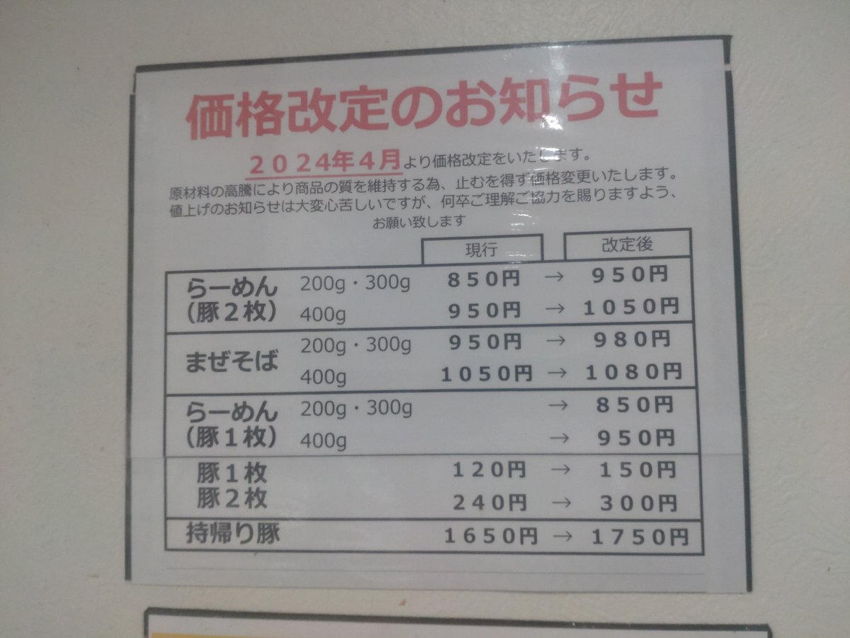 物価高等により 本日から 価格改定させていただきます ご理解いただき