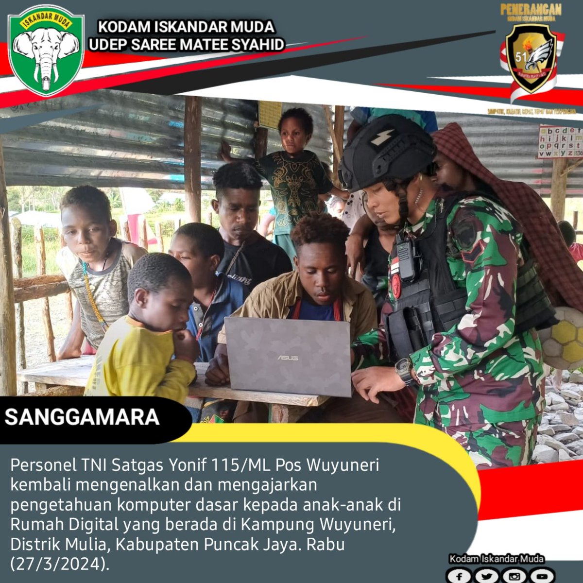 kodam_im's tweet photo. Personel TNI Satgas Yonif 115/ML Pos Wuyuneri kembali mengenalkan dan mengajarkan pengetahuan komputer dasar kepada anak-anak di Rumah Digital yang berada di Kampung Wuyuneri, Distrik Mulia, Kabupaten Puncak Jaya. Rabu (27/3/2024). https://t.co/FD7PP51jWz