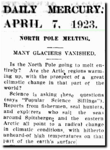 101 years ago this month: 'North Pole Melting.' 'Formerly the waters about Spitzbergen have held an even summer temperature in the neighborhood of 5 degrees above freezing. This year it rose as high as 28 degrees.' realclimatescience.com/2024/03/fact-f…