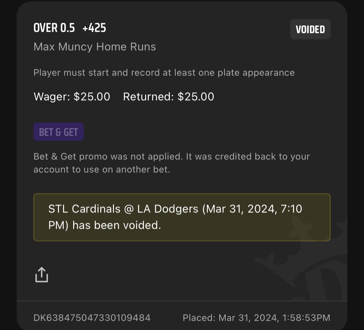 DiSiena89's tweet photo. Hey @DKSportsbook why is this a vold? He hit a home run in 8th and won the game for the Dodgers. https://t.co/JFo8szbvu7