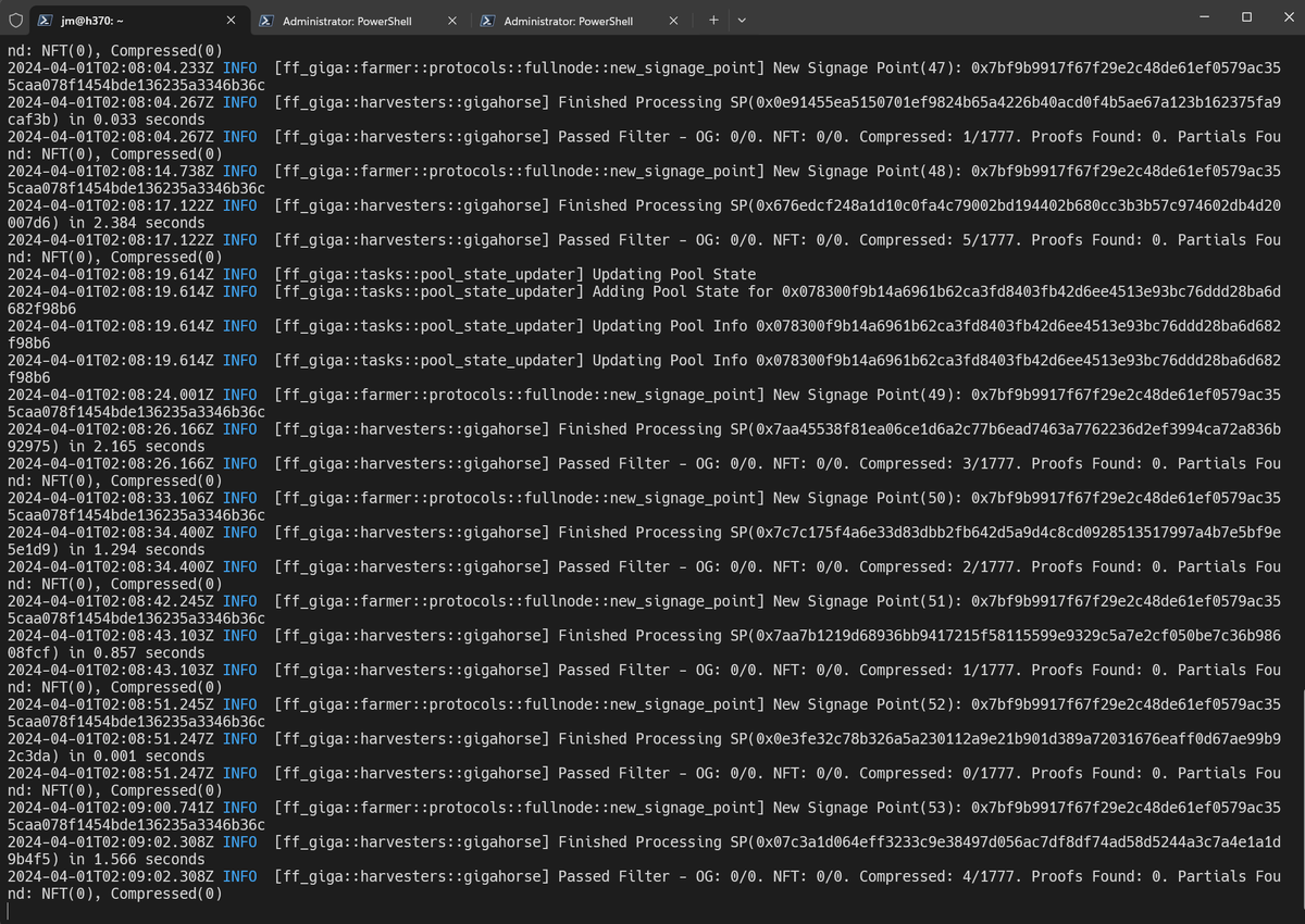 Whoa, first CHIP-22 compatible farmer from @DaOneLuna of @Evergreenminer. I'm farming 90TB of Gigahorse 3.0 C32 for this test with a remote 4090 and local full node stock Chia 2.2.1 on my LAN. Very impressive! Will test the big farms soon github.com/evergreen-xch/…