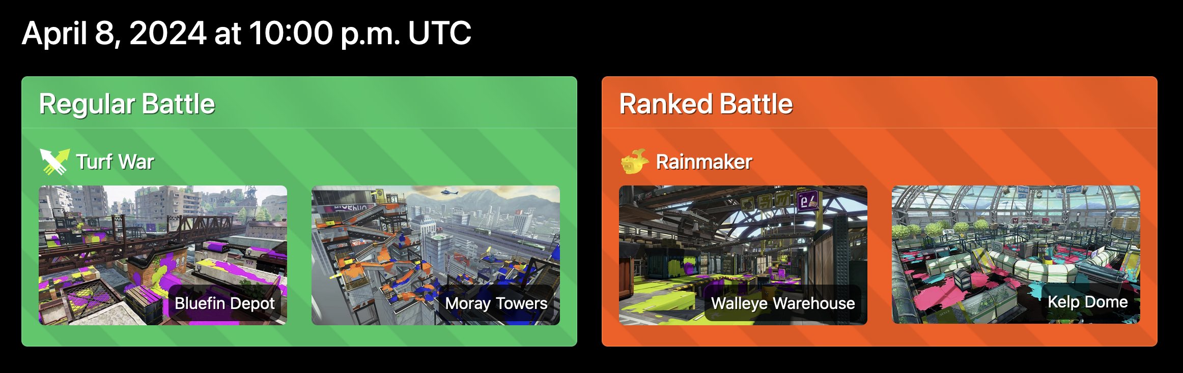 A rotation for Splatoon 1, as shown on the JelonzoBot website. The Regular Battle stages are Bluefin Depot and Moray Towers. The Ranked Battle gamemode is Rainmaker, and the stages are Walleye Warehouse and Kelp Dome.