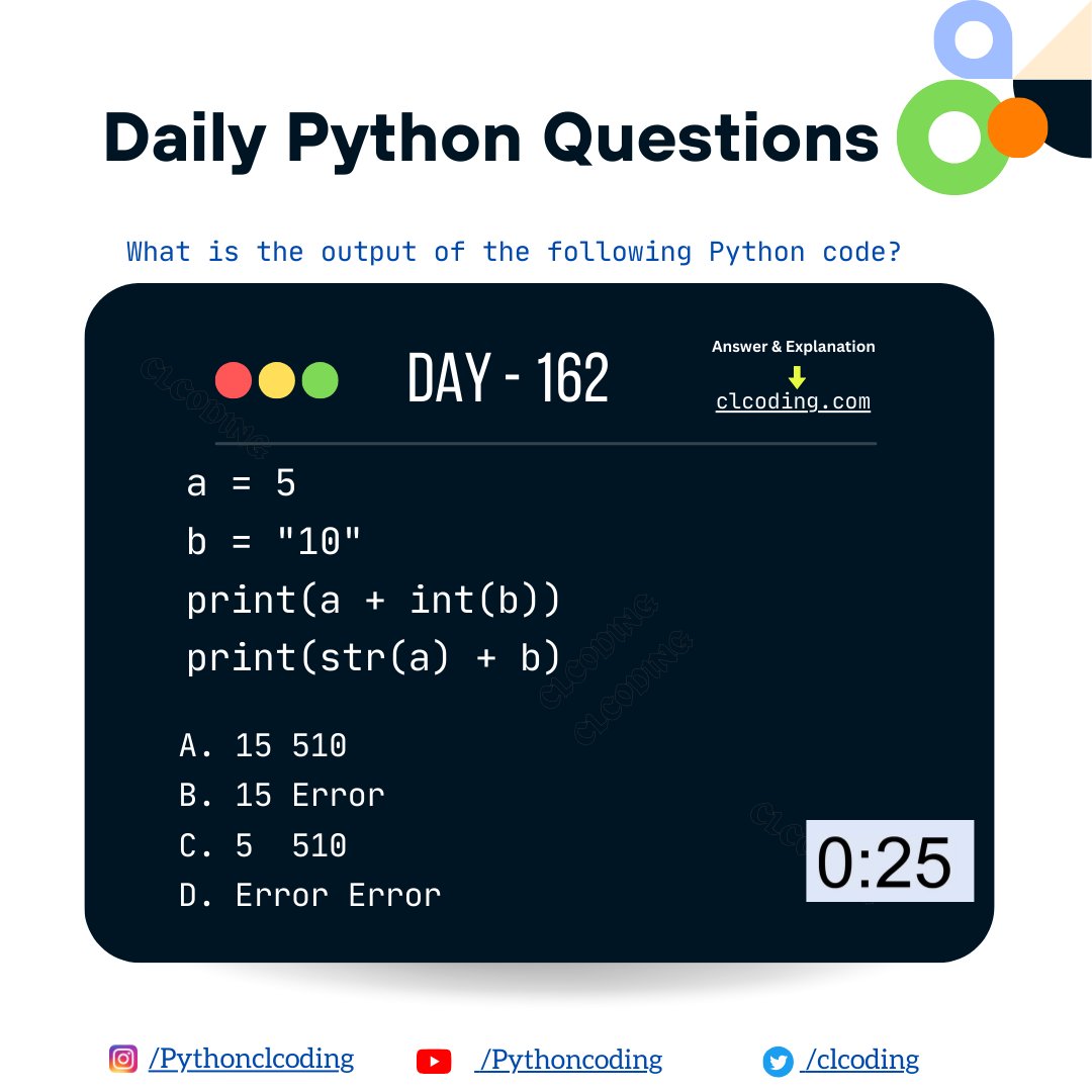clcoding's tweet image. Python Coding challenge - Day 162 | What is the output of the following Python Code?
Solution and Explanation: clcoding.com/2024/03/python…
