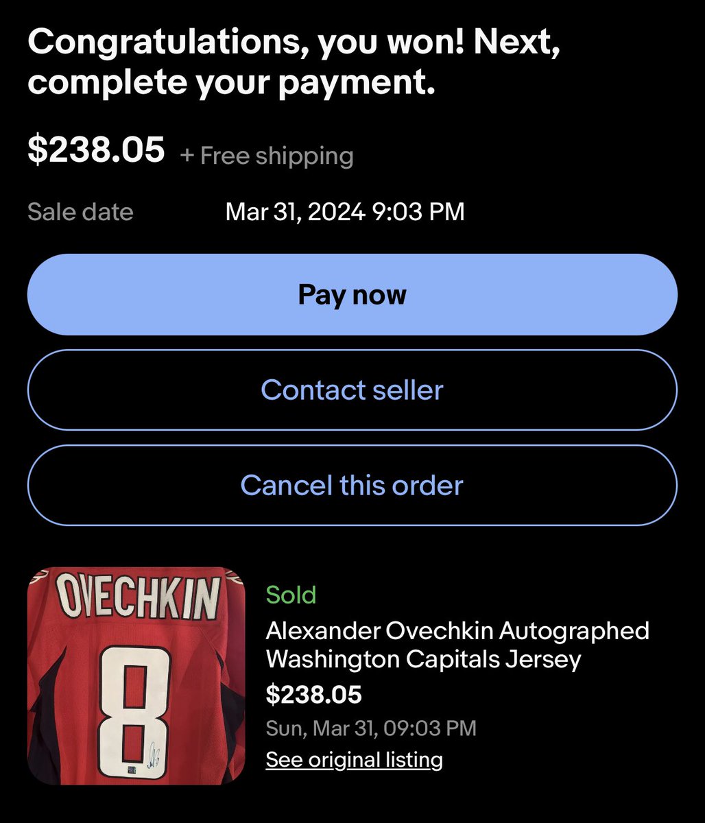 bqaggie's tweet image. Wow. Totally did not expect to win an Ovechkin autographed jersey for that price! It’ll pair well with my Crosby autographed jersey once I move into a new house &amp;amp; get them both framed up. #Stoked