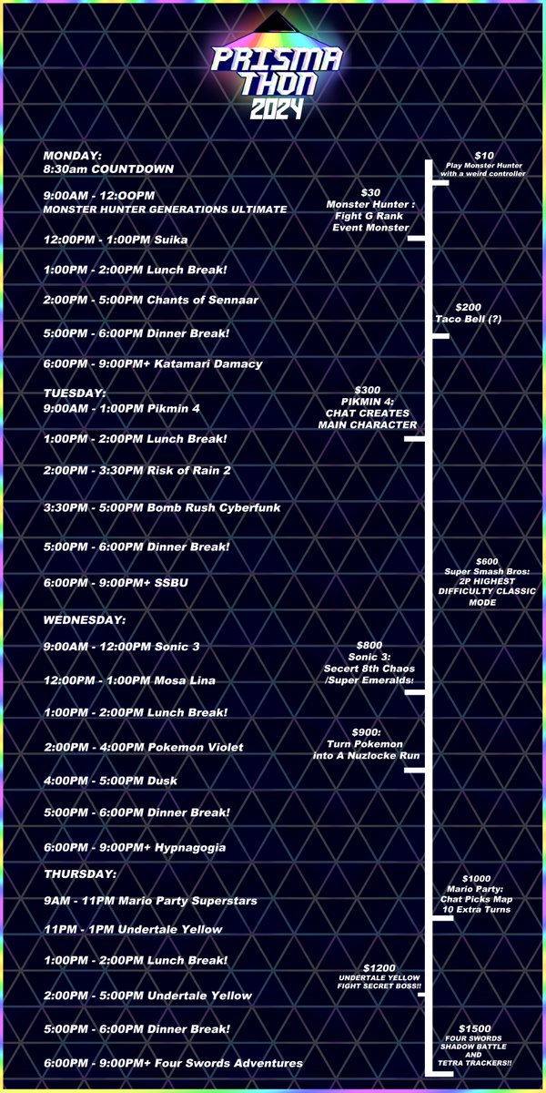 Prismathon starts tomorrow at 9am sharp over at twitch.tv/capsulegravy!

Here is our schedule and donation stretch goals for the entire event! We hope too see you there!

#Prismathon