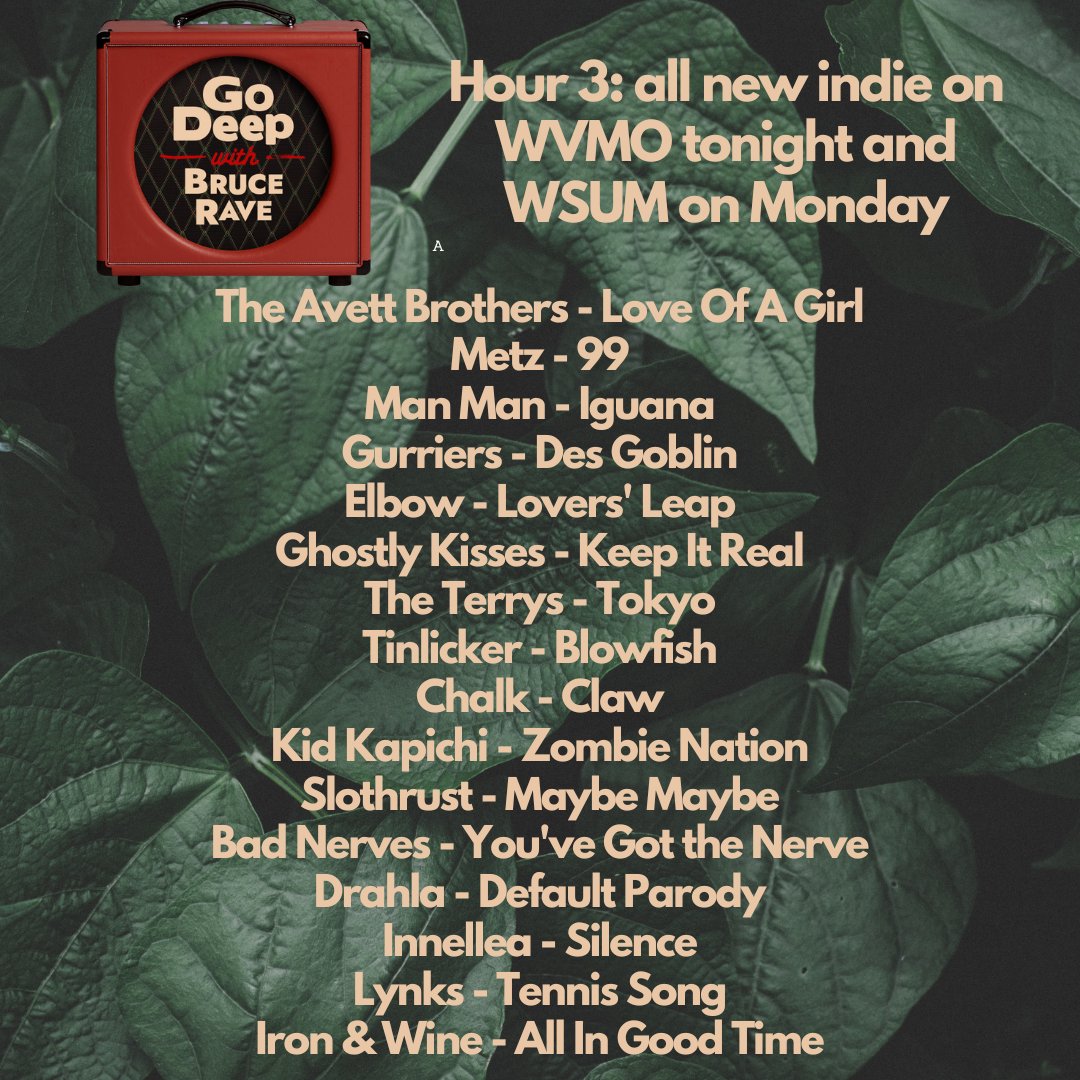Here come my 3 hour shows: All new indie from 10p CT @WVMO987 and Monday 5a CT on @WSUM FM. Both stations stream on their sites and on TuneIn. WSUM also on its app.