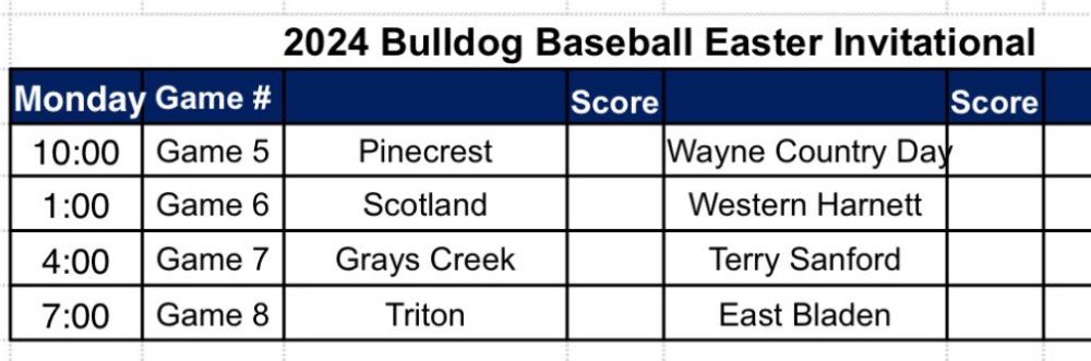 Day 2 of the 2024 Bulldog Easter Invitational Baseball Tournament starts tomorrow, at 10AM. 1st game matches two Baseball powerhouses: Pinecrest vs Wayne Country Day! We have 3 great games after that! Come out and see some outstanding HS Baseball!