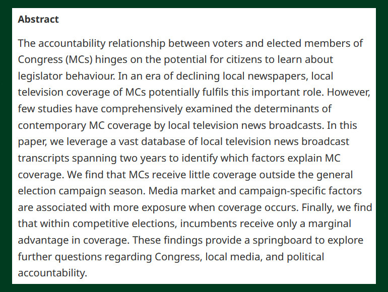 #OpenAccess from our new issue - House Members on the News: Local Television News Coverage of Incumbents - cup.org/49dh0t4 - Gregory A. Huber (@Yale) & Patrick D. Tucker (@edisonresearch)