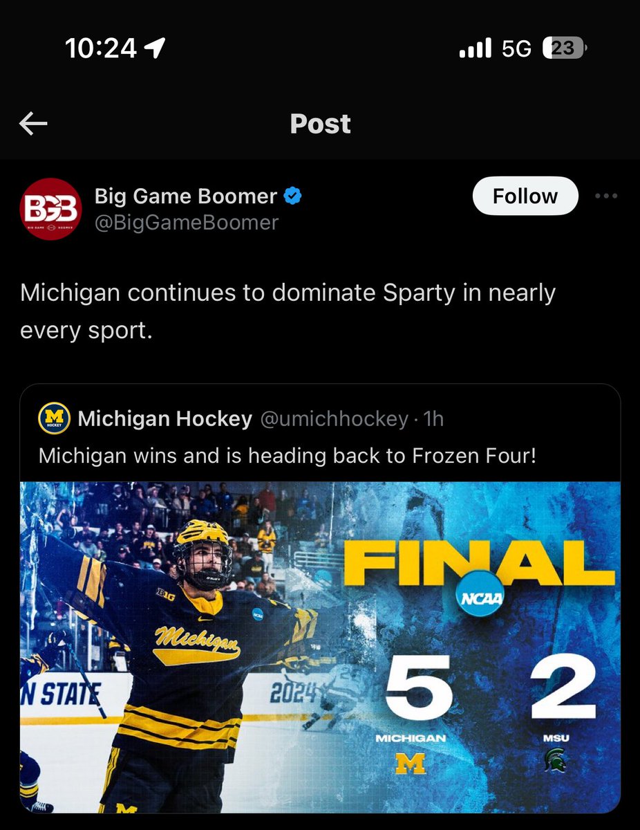 hains470's tweet photo. MSU is 4-2 against michigan in hockey this year
2-0 in men’s basketball
2-0 in women’s basketball
idk the record but undefeated against them in gymnastics
1-0 in baseball
big ten champs in hockey and gymnastics (twice)

BGB might be one of the dumbest people on this app lmao https://t.co/XQ6cnEcNB0