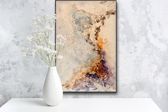 WestmountGallry's tweet photo. New work by abstract artist Sophia Paleotheodoros now on sale at the gallery. There are 7 new pieces. The one on display here is entitled Superstitious. It’s 36x24in but can be hung horizontally as well. It’s a flexible piece that can fit any decor. https://t.co/H9oWTaOwg8