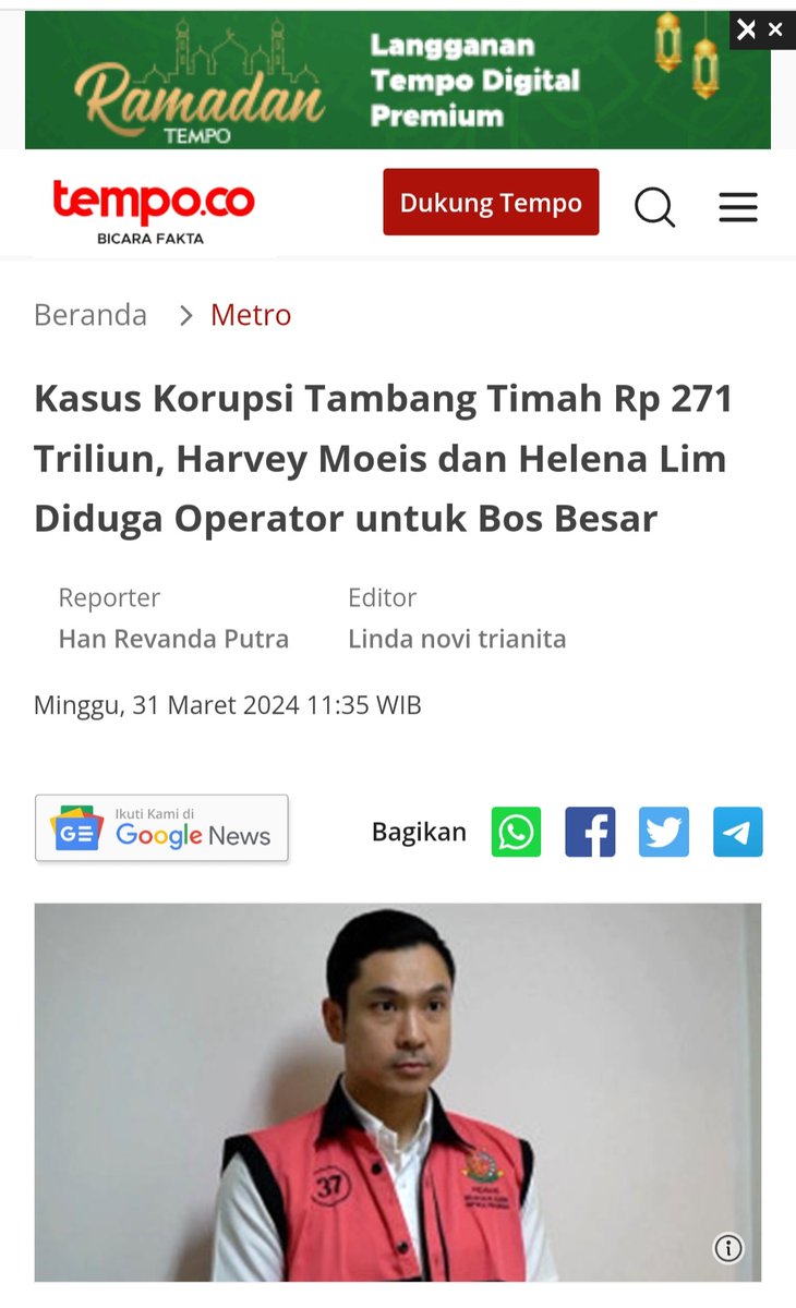 Harvey Moeis dan Helena Lim diduga hanya operator untuk BOS BESAR dlm kasus korupsi tambang timah yg merugikan negara Rp.271 TRILIUN.
Kira-kira siapa BOS BESAR-nya ?